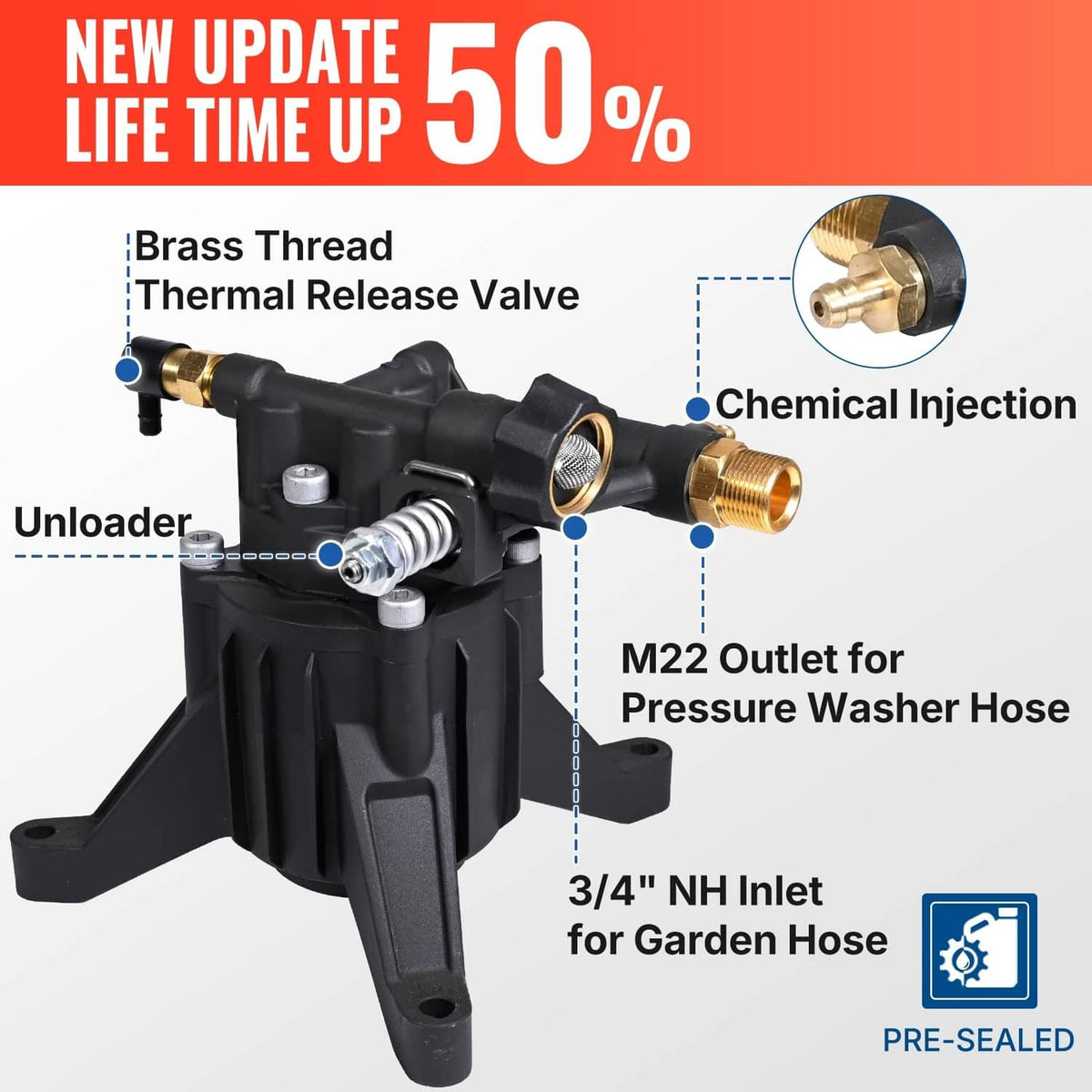 Black vertical pressure washer pump with brass outlet and inlet connectors, detail view