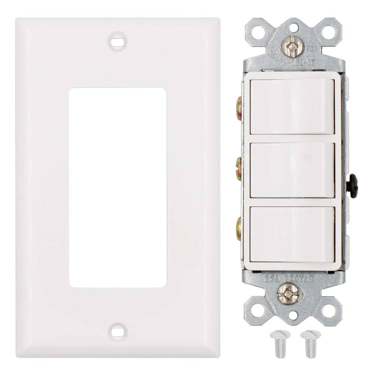 White triple rocker light switch with open faceplate and mounting screws