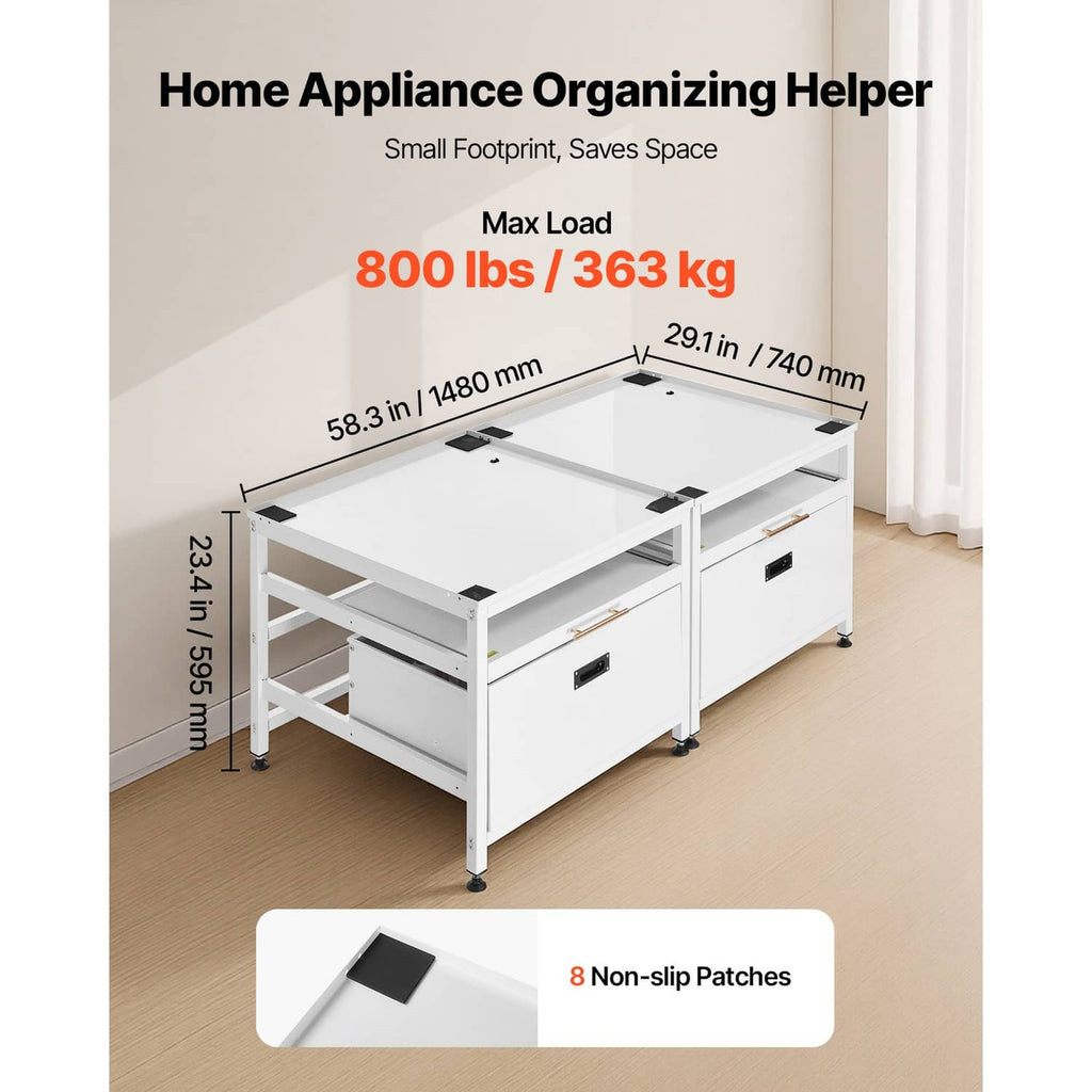 White washer base pedestal with storage drawers and top tray, max 800 lb capacity
