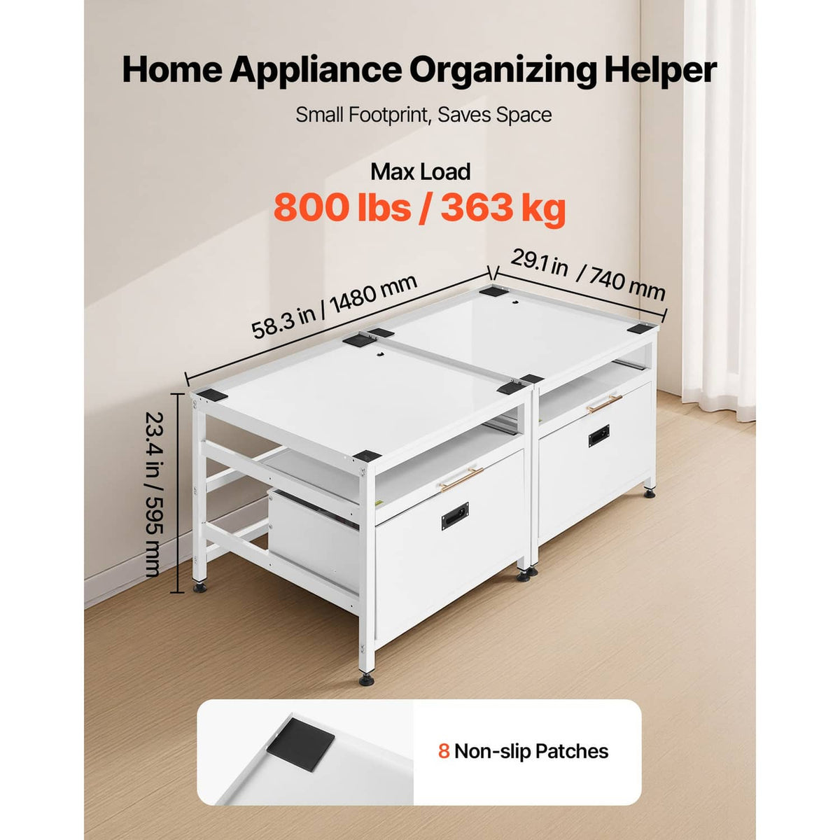 White washer base pedestal with storage drawers and top tray, max 800 lb capacity