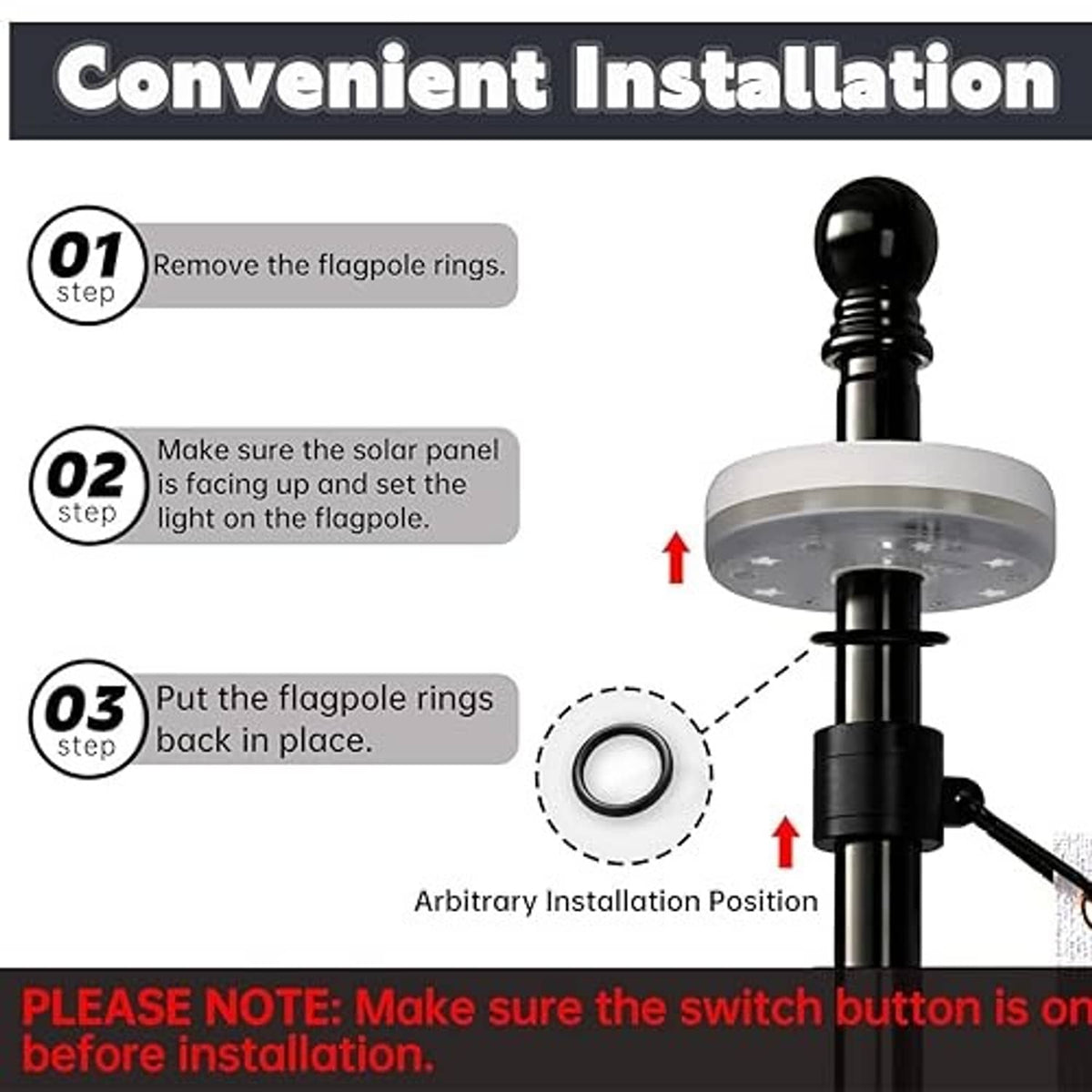 Black solar light fixture with round cap and mounting base for flagpole