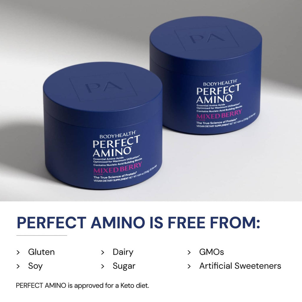 Two BODYHEALTH Perfect Amino mixed berry powder tubs, blue containers