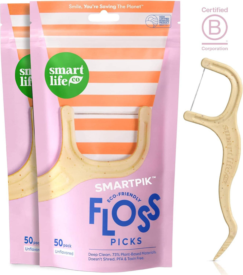 Eco-friendly dental floss picks front pouch showing two beige curved floss picks