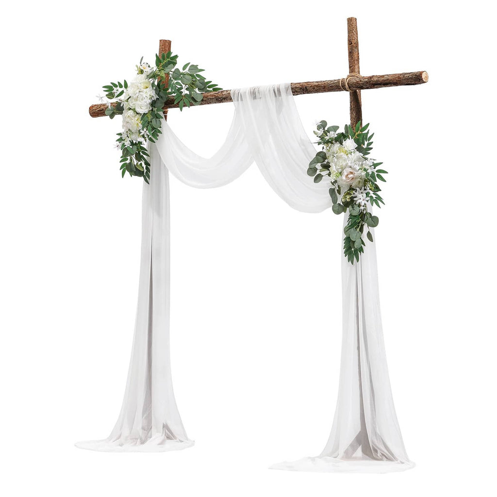 Wedding arch decor kit with white sheer curtains and faux flowers on wooden crossbeam
