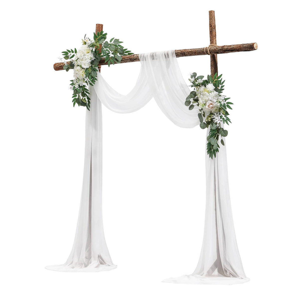 Wedding arch decor kit with white sheer curtains and faux flowers on wooden crossbeam
