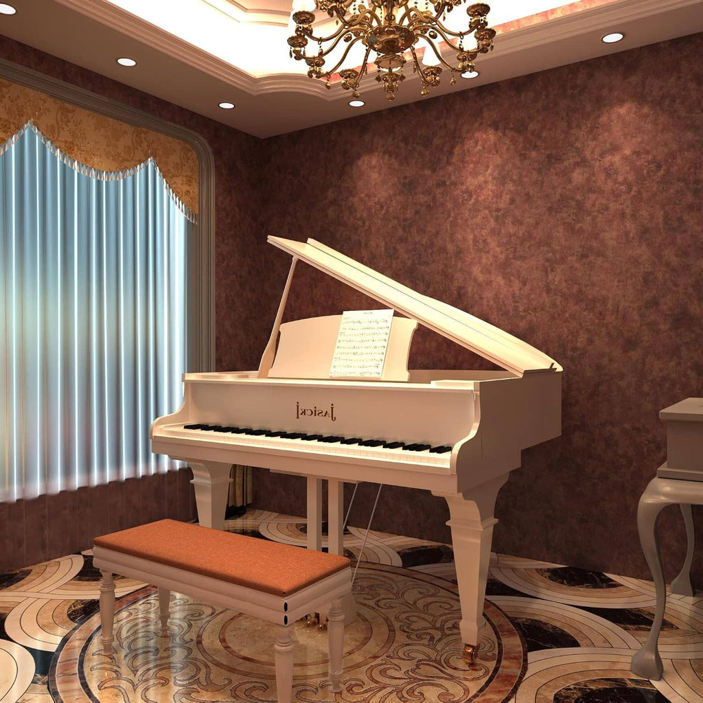 Burgundy metallic textured peel-and-stick wallpaper in a music room feature wall