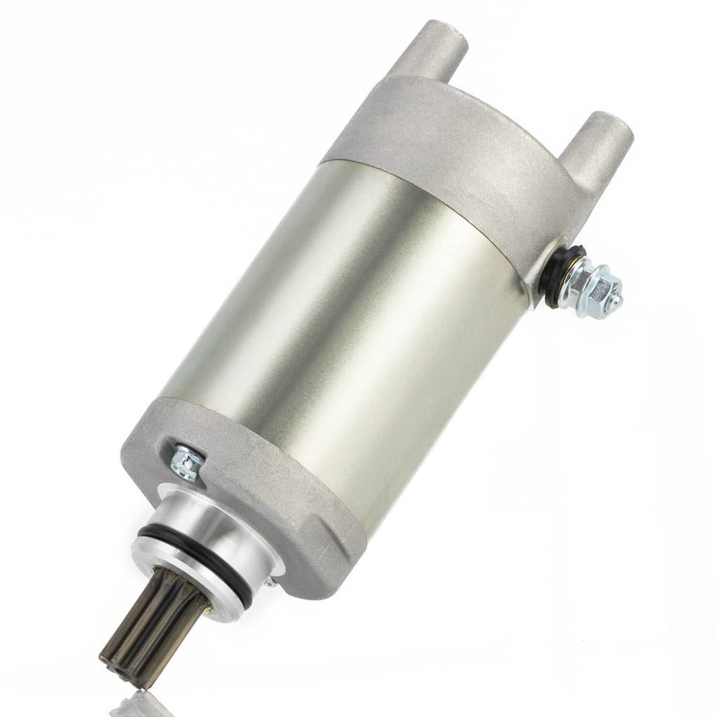 Starter motor assembly angled view with silver housing, top terminals, and output shaft