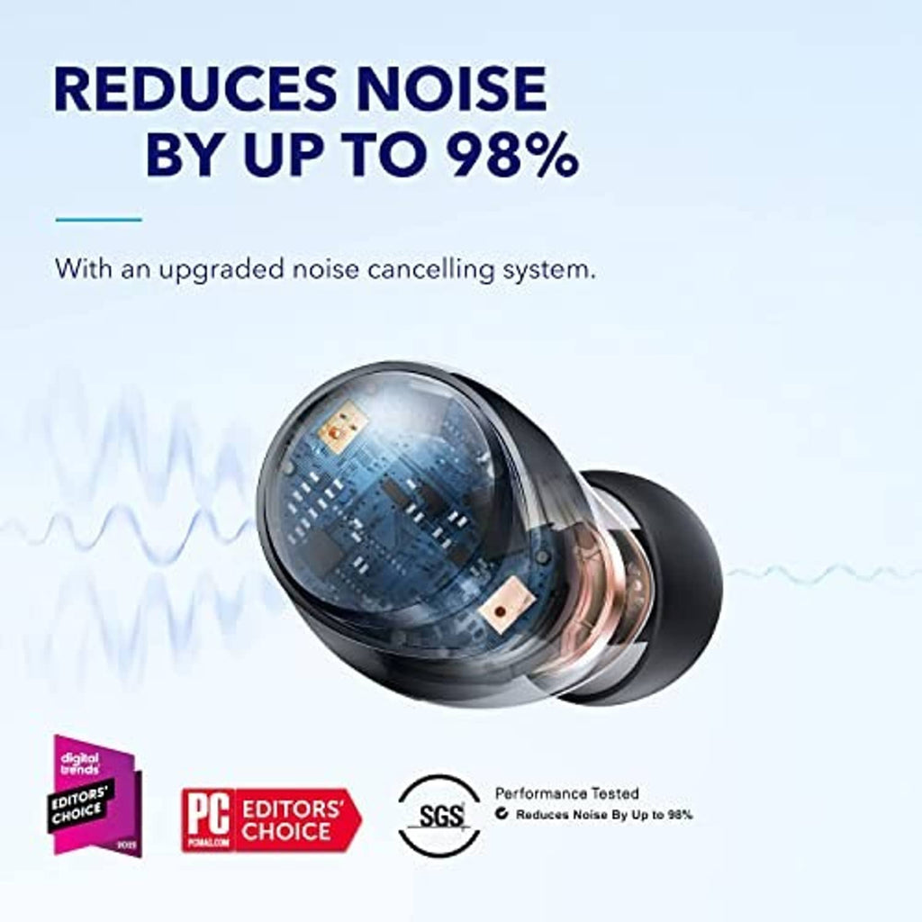 Black wireless earbuds with internal noise-cancelling chamber cutaway