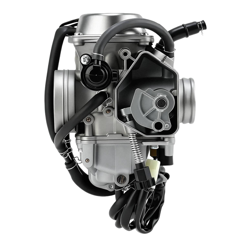 Carburetor with intake manifold, front view with black intake hose and silver body