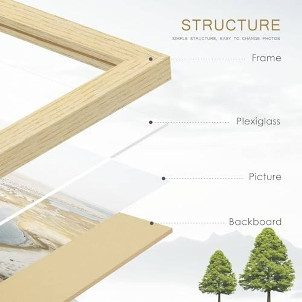 Natural wood picture frame parts: frame, plexiglass, picture, and backboard