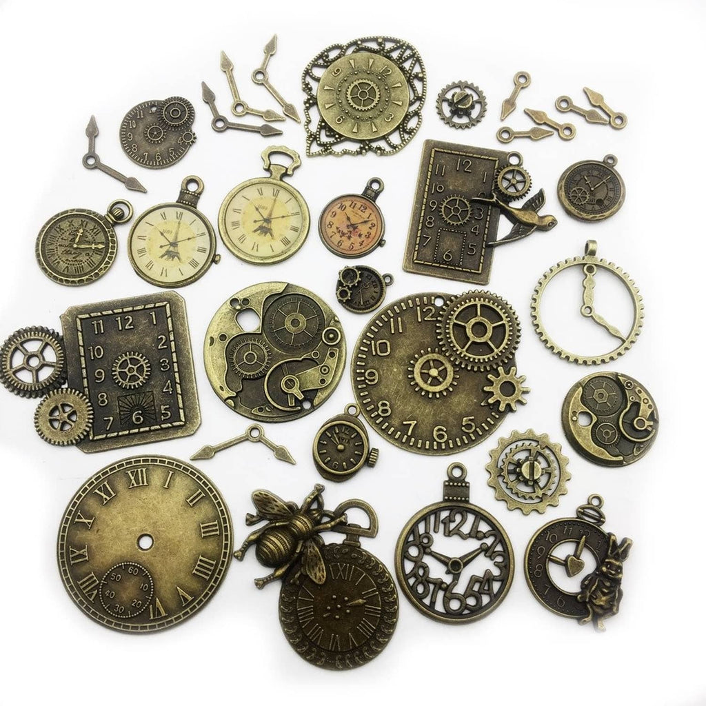 Antique bronze steampunk clock face and gear charm set, mixed pieces (30)