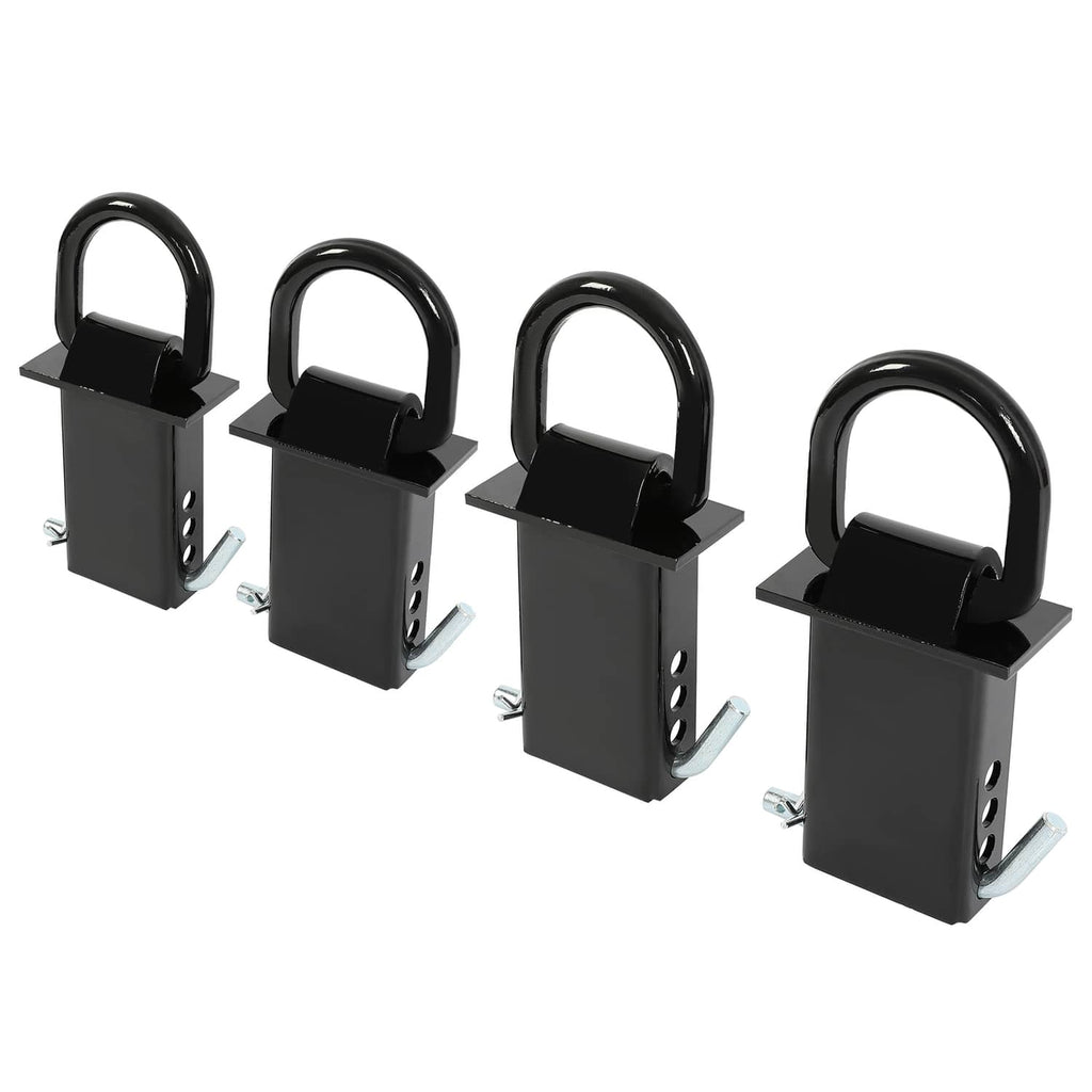 Four black stake pocket D-ring mounts with U-bolts and perforated side plates