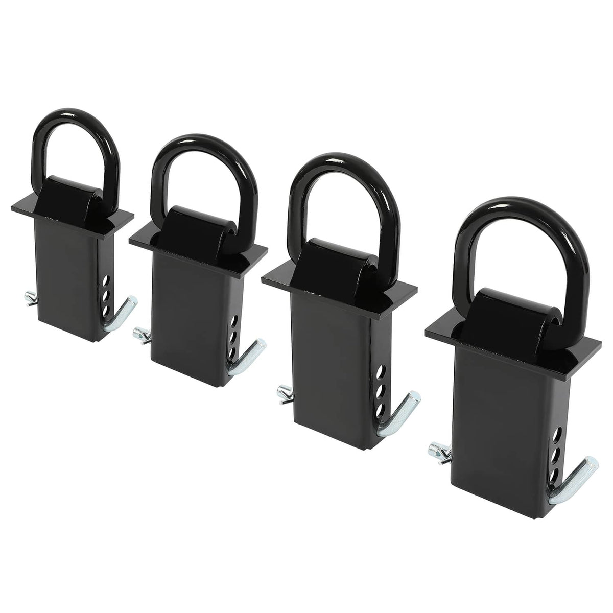 Four black stake pocket D-ring mounts with U-bolts and perforated side plates