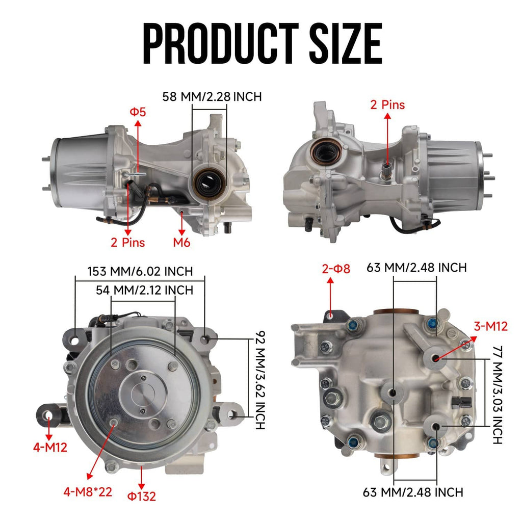 Rear axle differential assembly size diagram with labeled measurements and pin locations