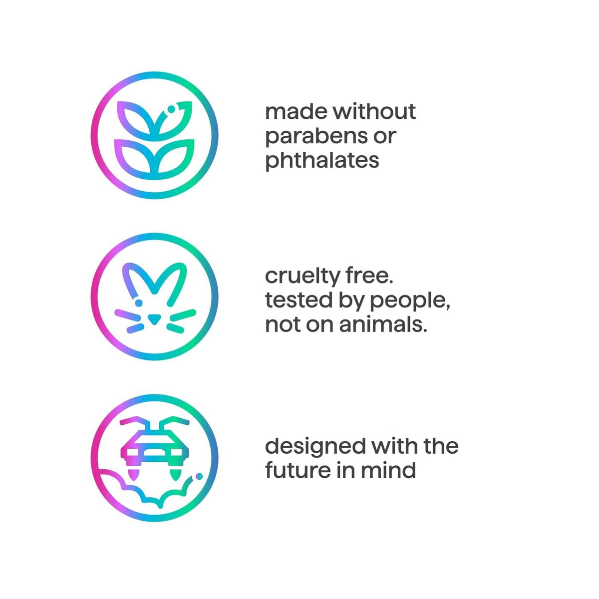 Candle icons: made without parabens or phthalates, cruelty-free, designed with future in mind