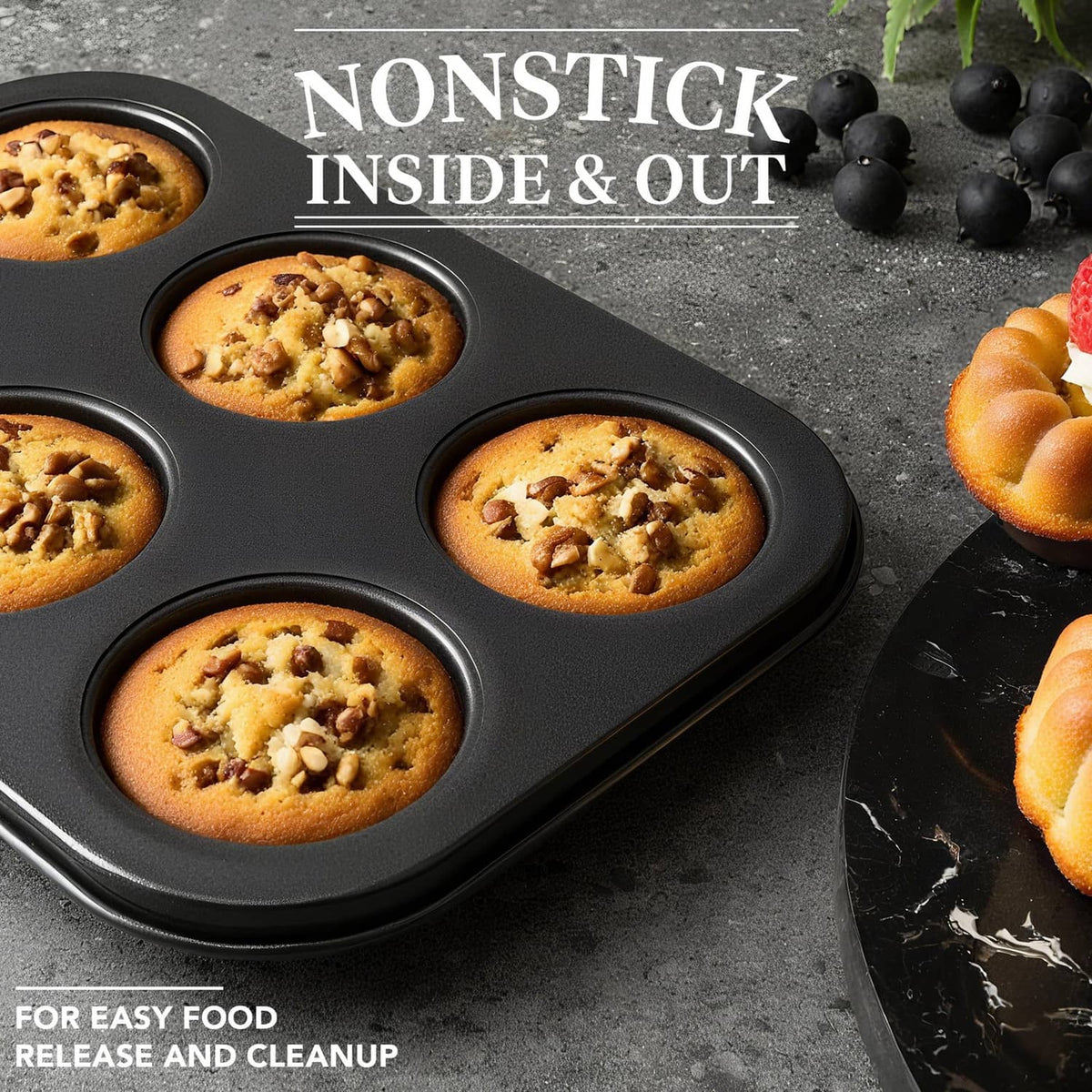Six-cavity mini fluted tube cake pan with six baked cakes in fluted wells