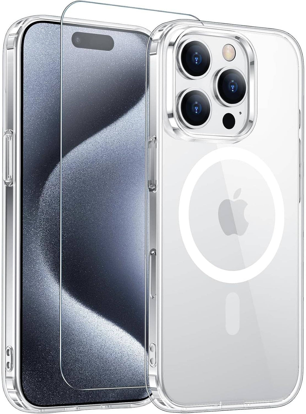 Clear phone case with MagSafe ring, raised camera and screen protection