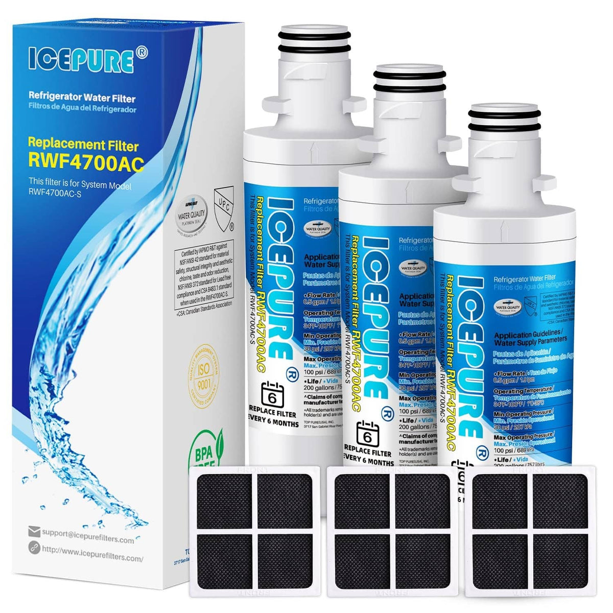 ICEPURE refrigerator water filter cartridge, white plastic, three stacked filter housings