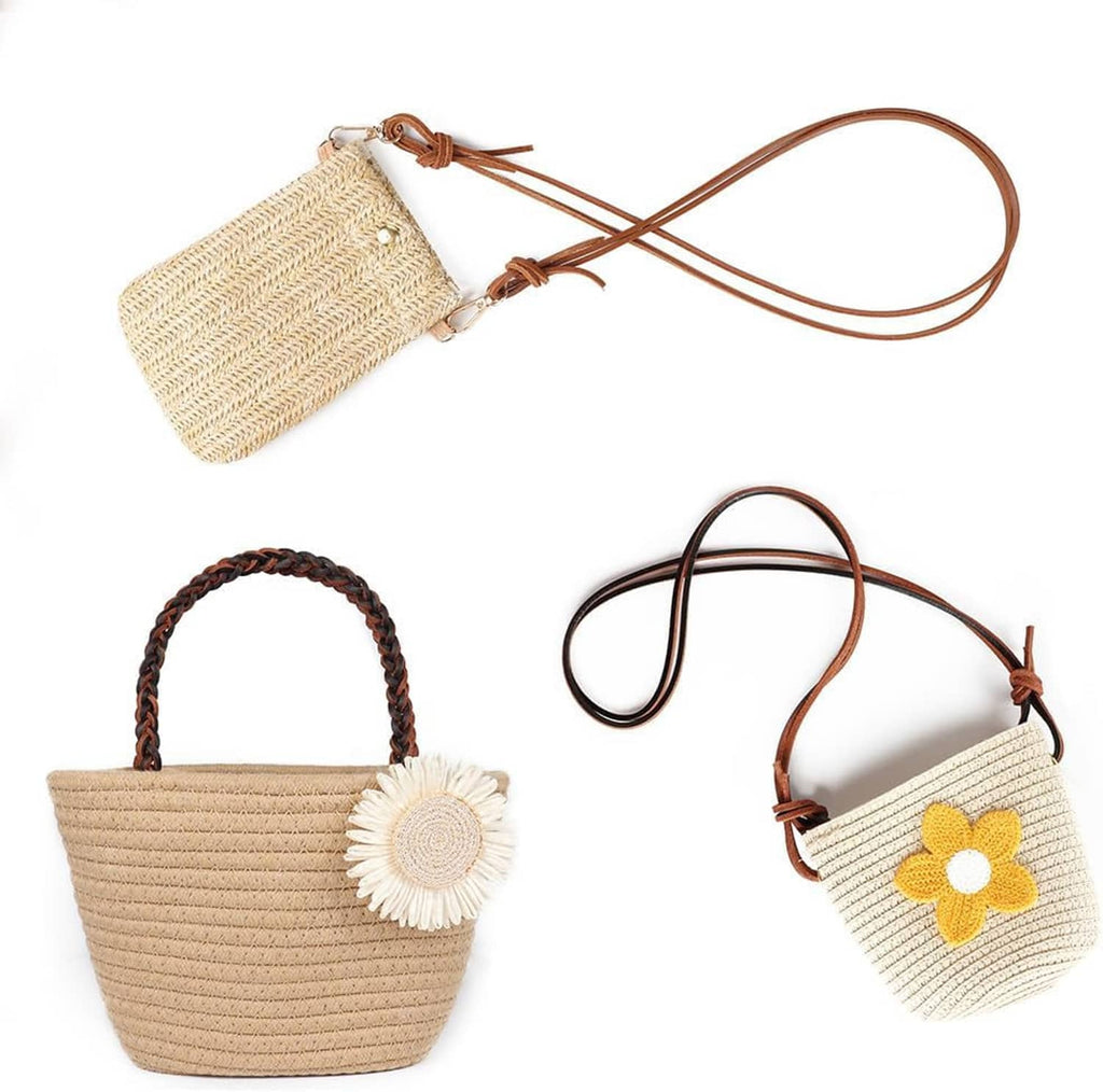 Woven pouches with braided leather cord straps and small cord pull ties