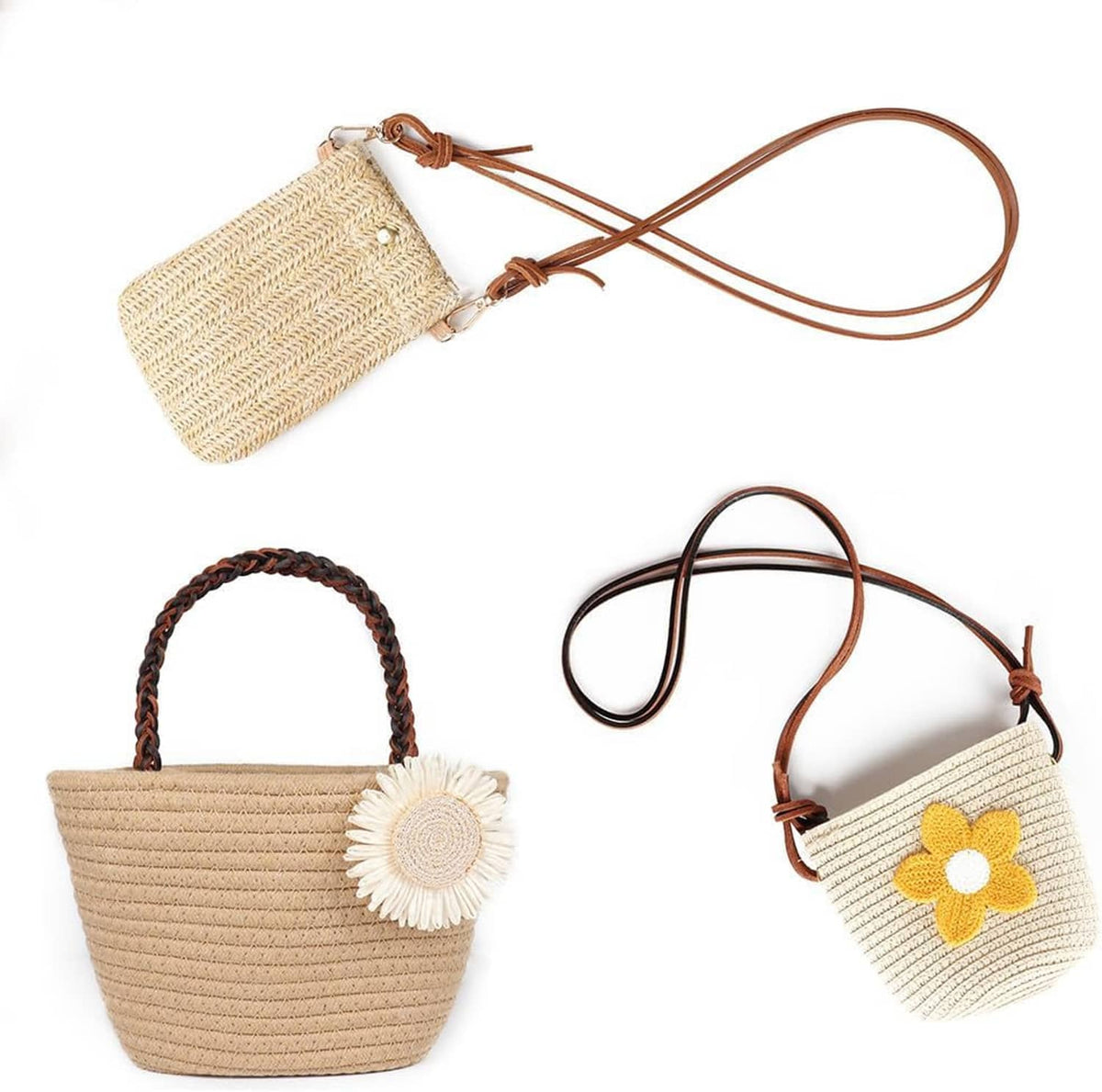 Woven pouches with braided leather cord straps and small cord pull ties