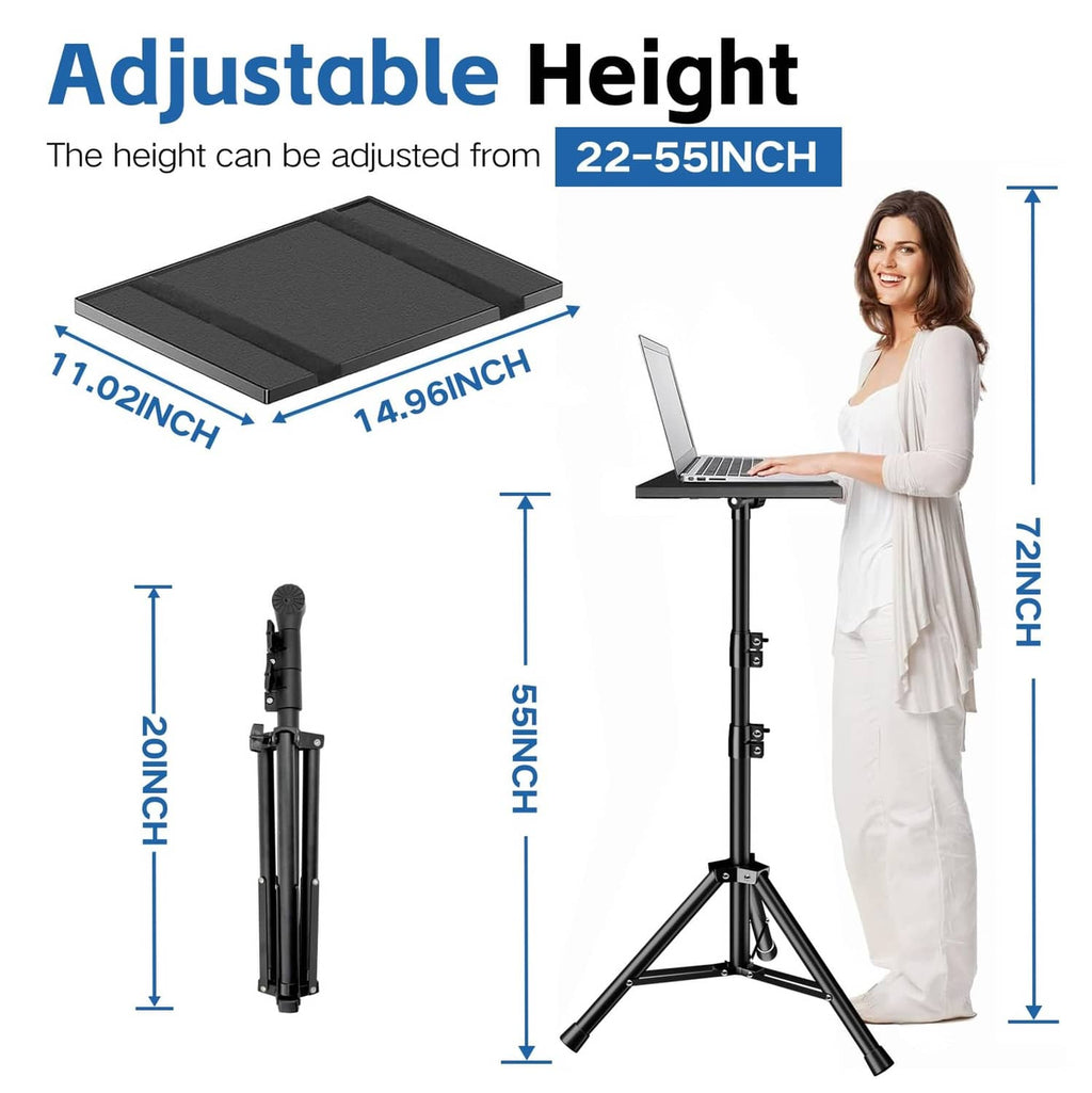 Black adjustable-height projector stand with large top tray and tripod base