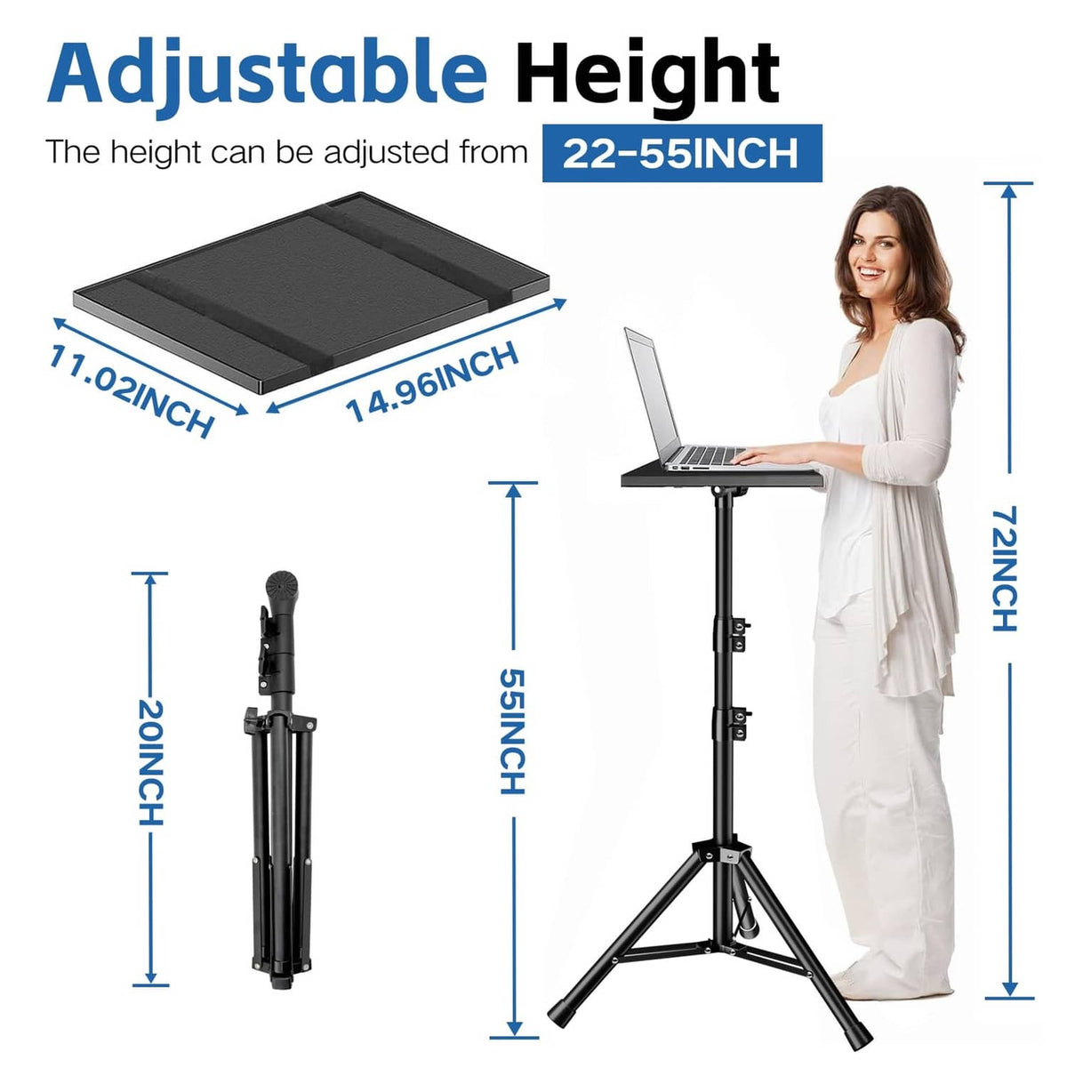 Black adjustable-height projector stand with large top tray and tripod base