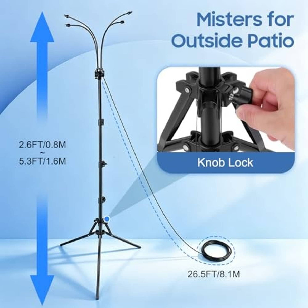 Adjustable standing misting sprinkler with knob-lock clamp and tall tripod stand