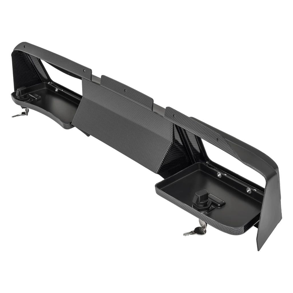 Underside of black carbon-fiber style dash board cover with open storage cavity and mount