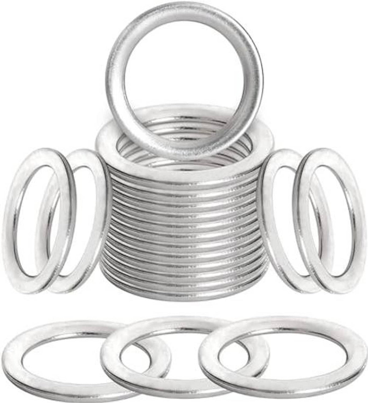 Silver metal crush washer set with coiled center ring and multiple outer rings.