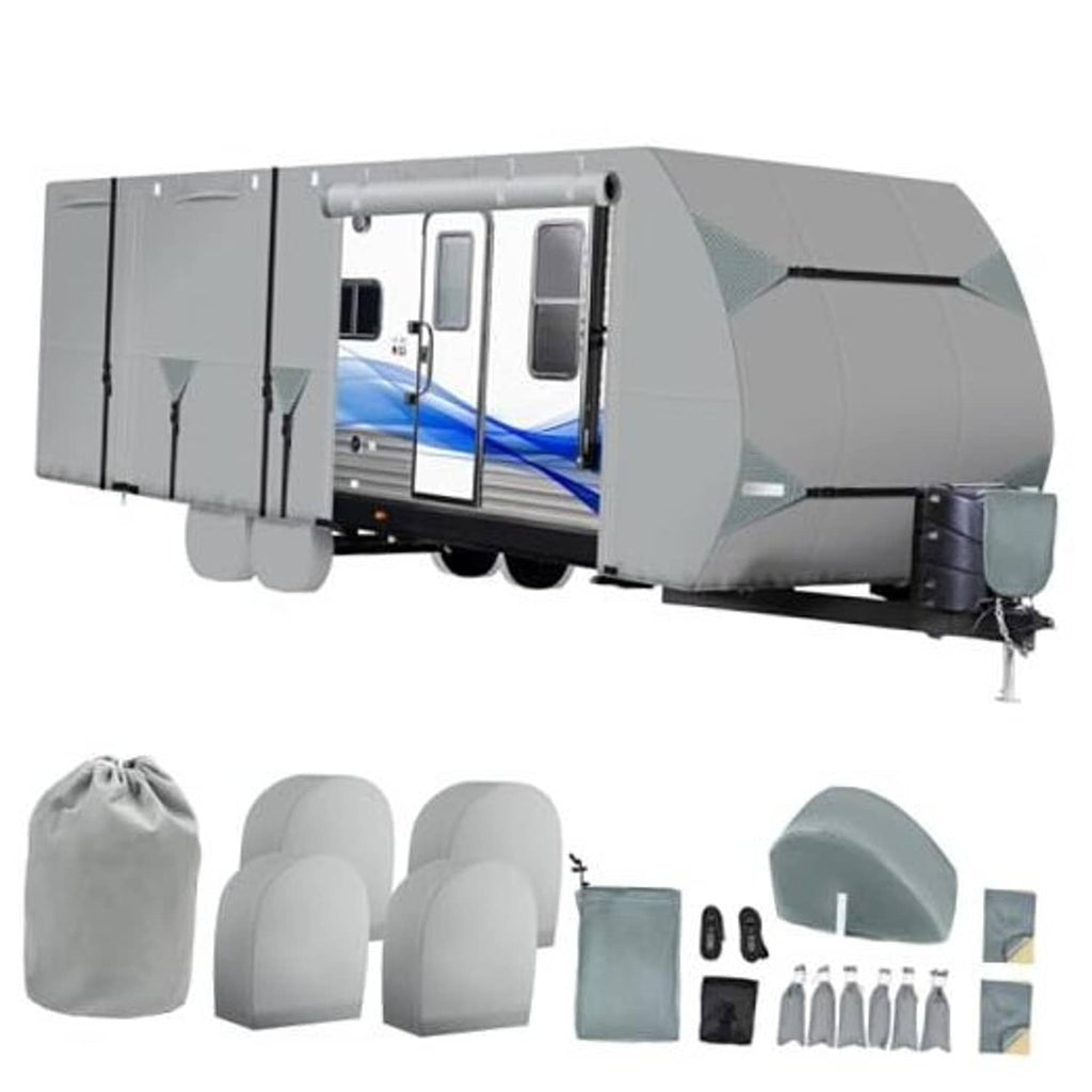 Gray travel trailer RV cover with front access zipper and side wheel skirt panels