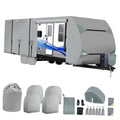 Gray travel trailer RV cover with front access zipper and side wheel skirt panels