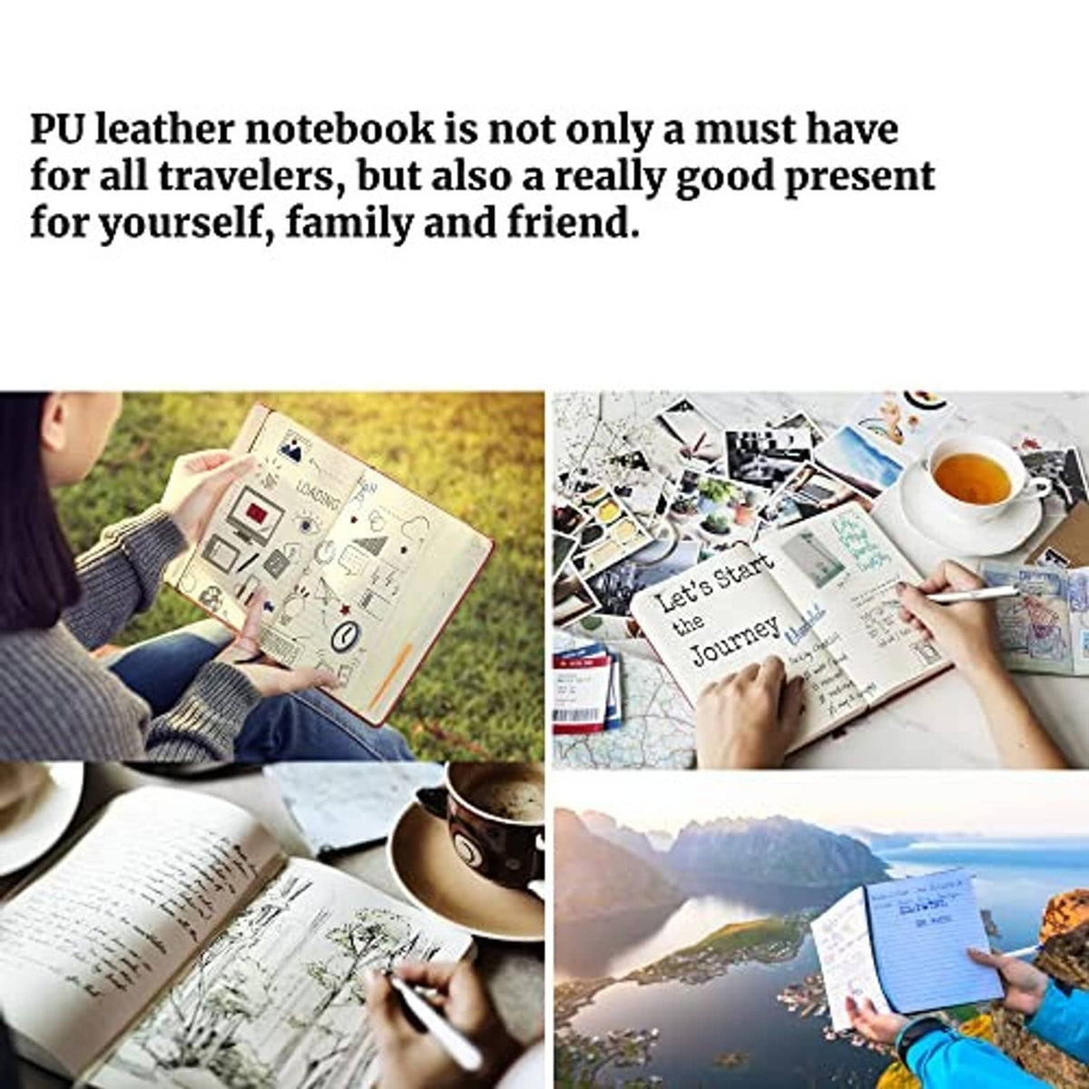 Black PU leather travel journal notebook shown being written in travel scenes