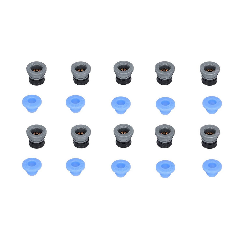 Pneumatic valve connector set, black connector heads with blue caps in grid layout
