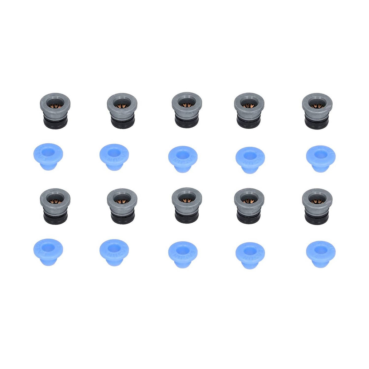 Pneumatic valve connector set, black connector heads with blue caps in grid layout