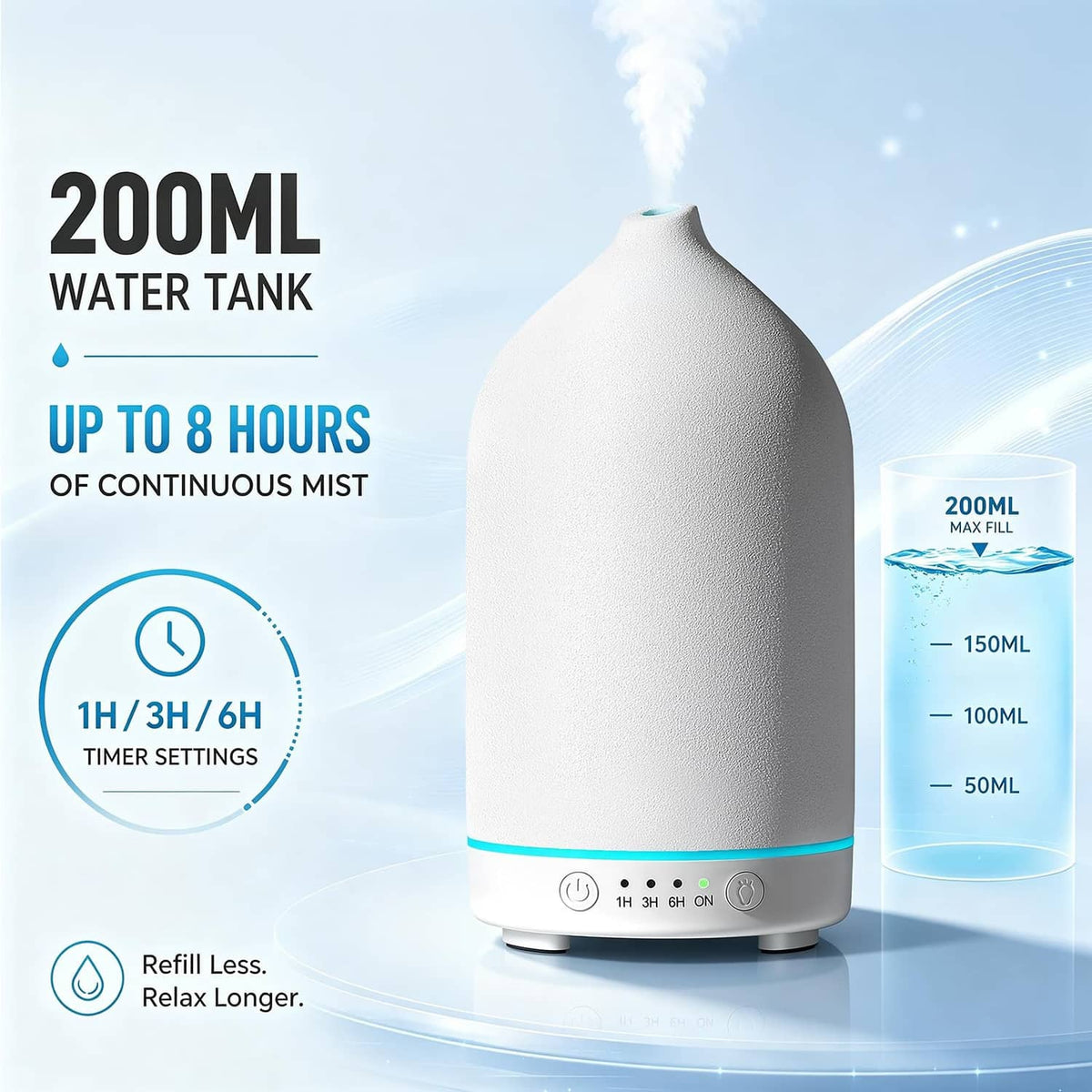 White 200ml ceramic essential oil diffuser with visible mist and blue LED status strip.