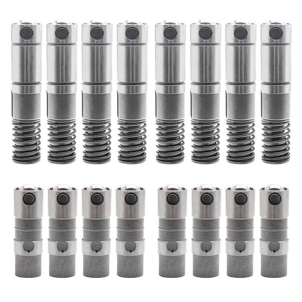 Set of silver hydraulic valve lifters with black coil springs, multiple units shown