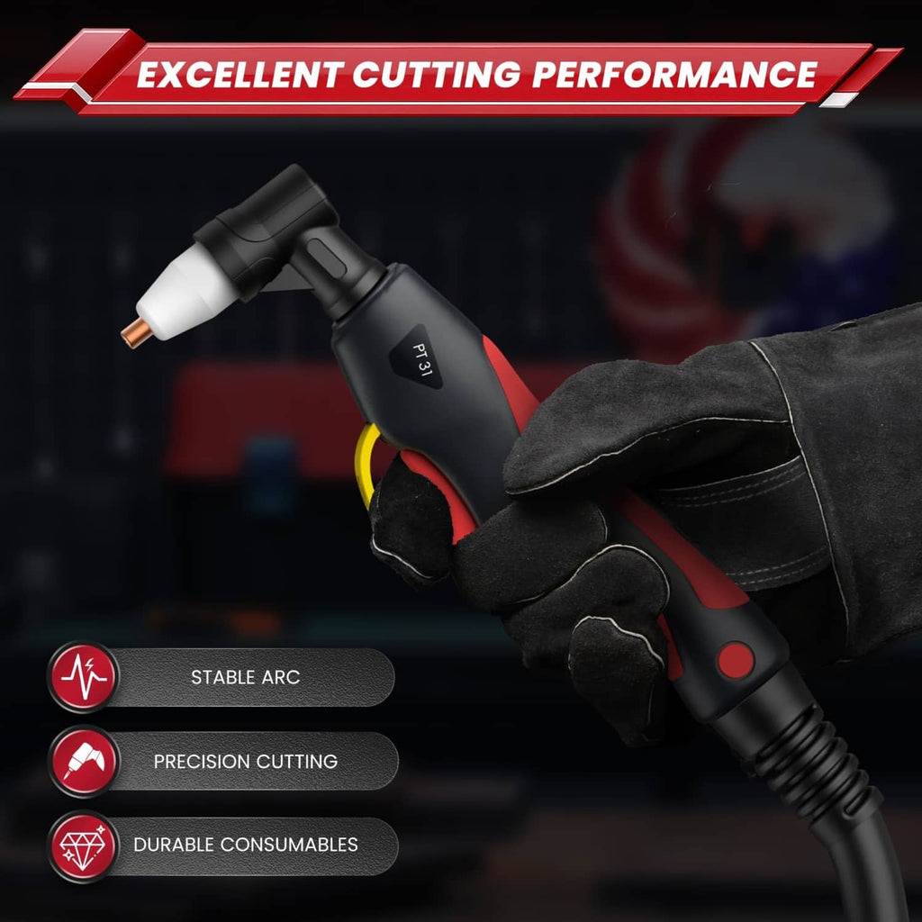Plasma cutting torch in black gloves with glowing arc at copper electrode tip