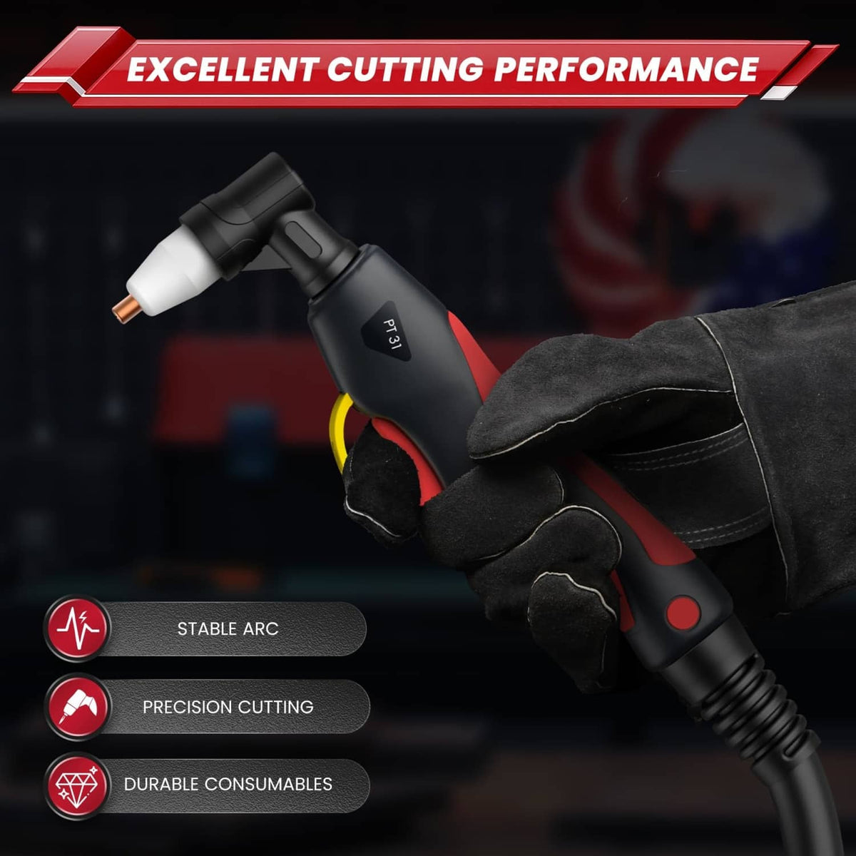 Plasma cutting torch in black gloves with glowing arc at copper electrode tip