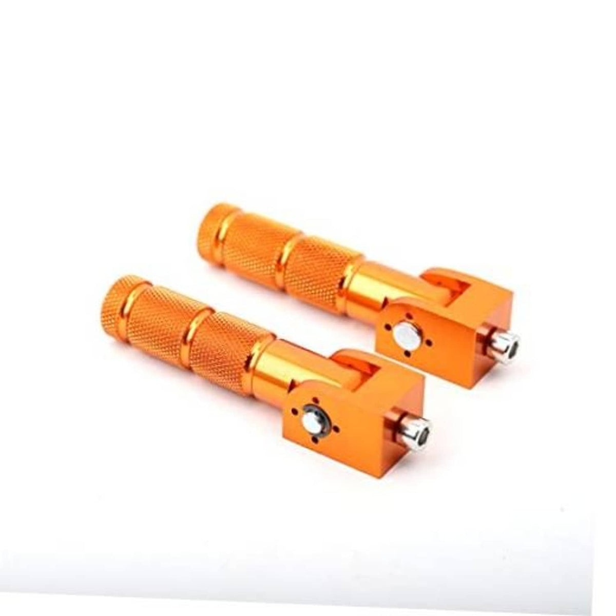 Orange CNC folding motorcycle foot pegs with knurled grip and orange mounting brackets
