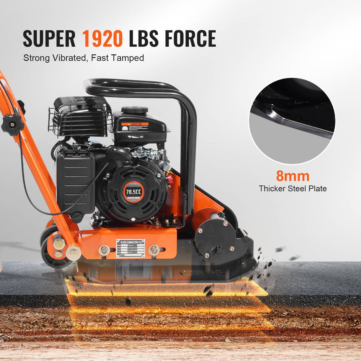 Walk-behind plate compactor showing stamped steel plate and 78.5cc engine