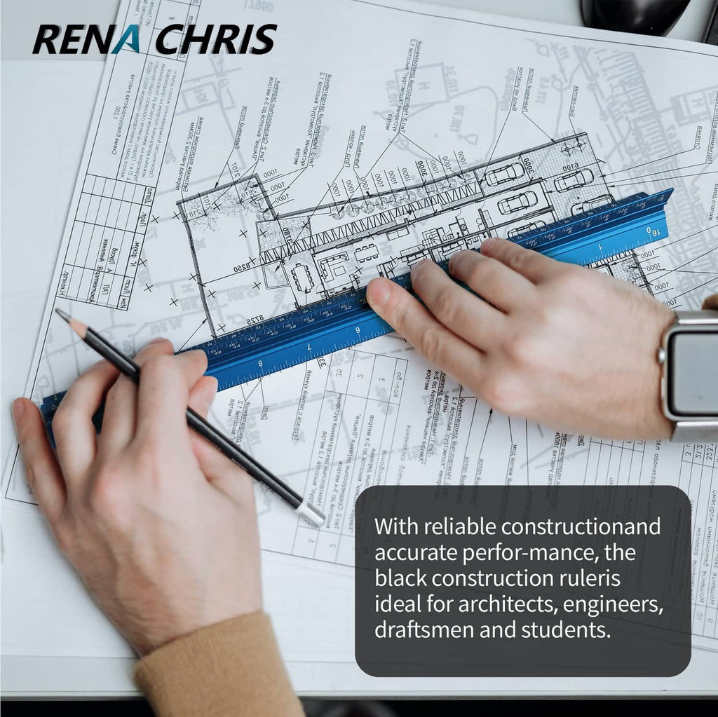 Blue triangular scale ruler placed on construction drawings for precise measurements