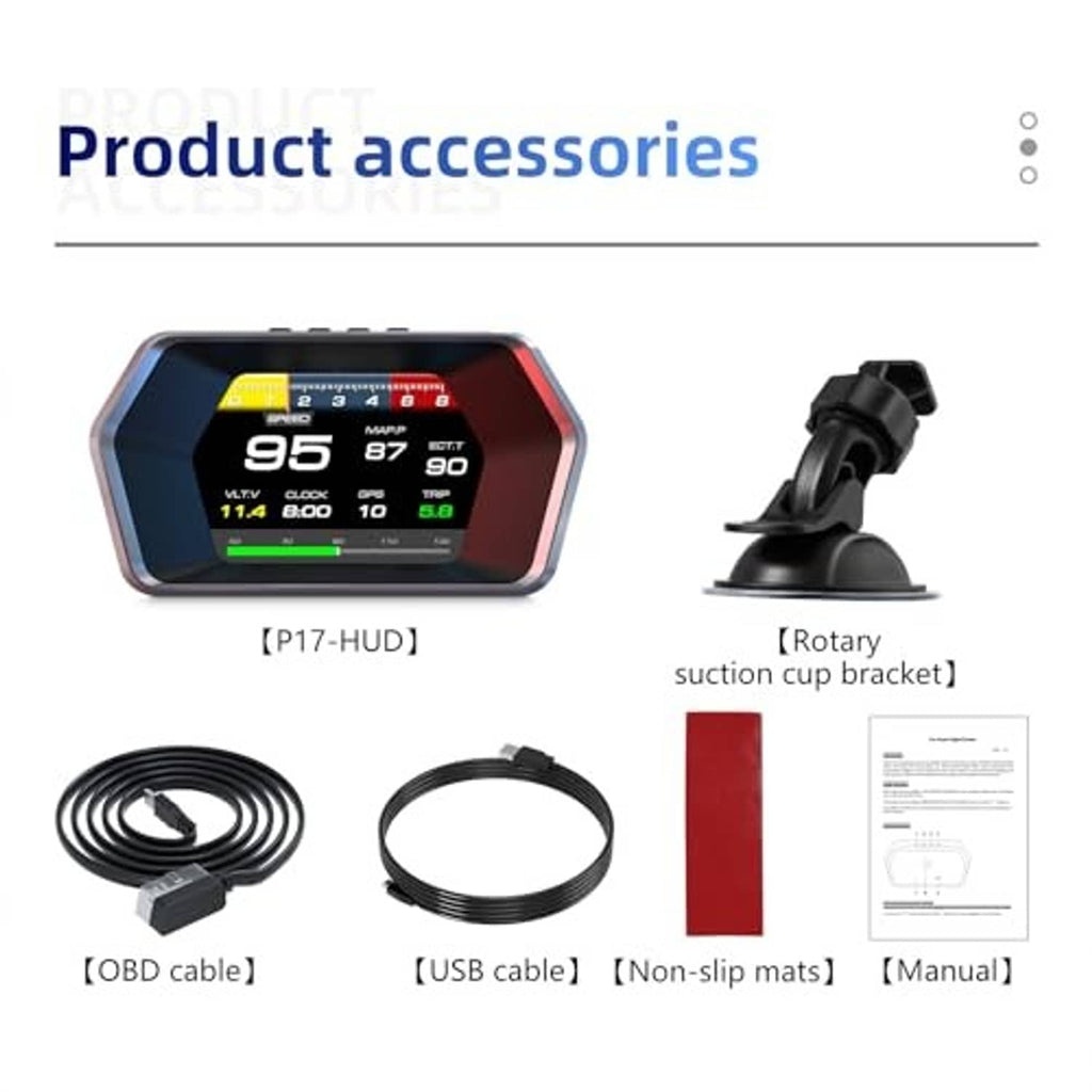HUD heads-up display bundle with suction bracket, OBD cable, USB cable, and manual
