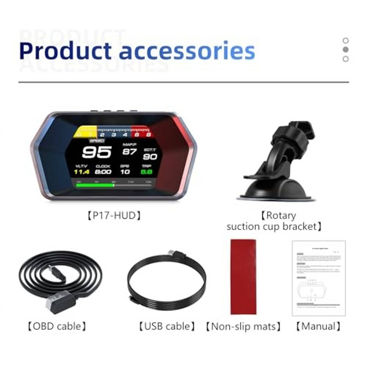 HUD heads-up display bundle with suction bracket, OBD cable, USB cable, and manual