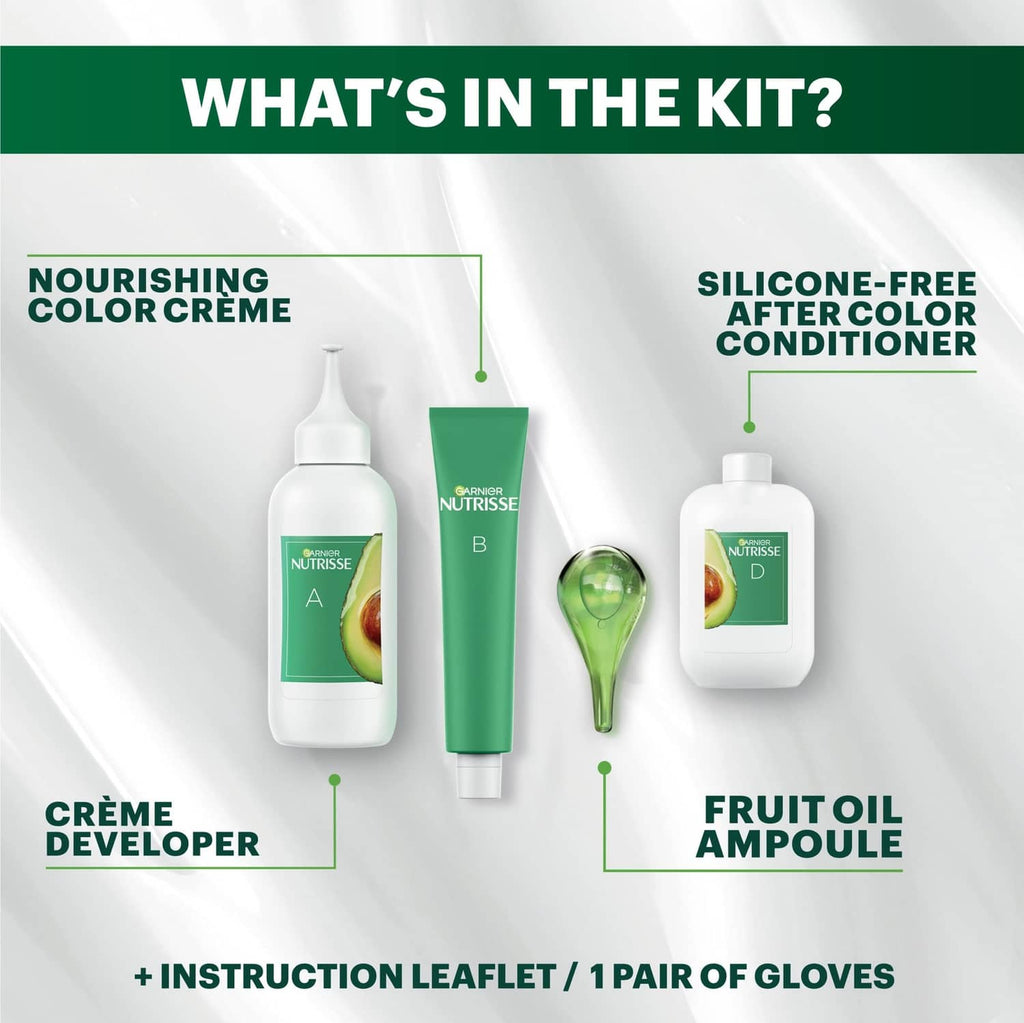 Garnier Nutrisse kit contents: color creme, developer, fruit oil ampoule, gloves.