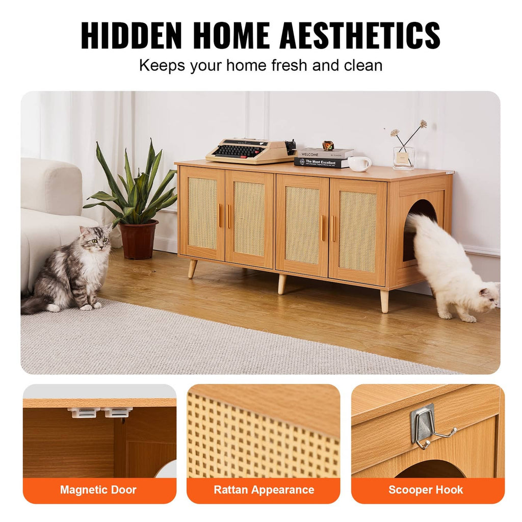 Wooden cat litter box enclosure with side arched entry and mesh cabinet doors