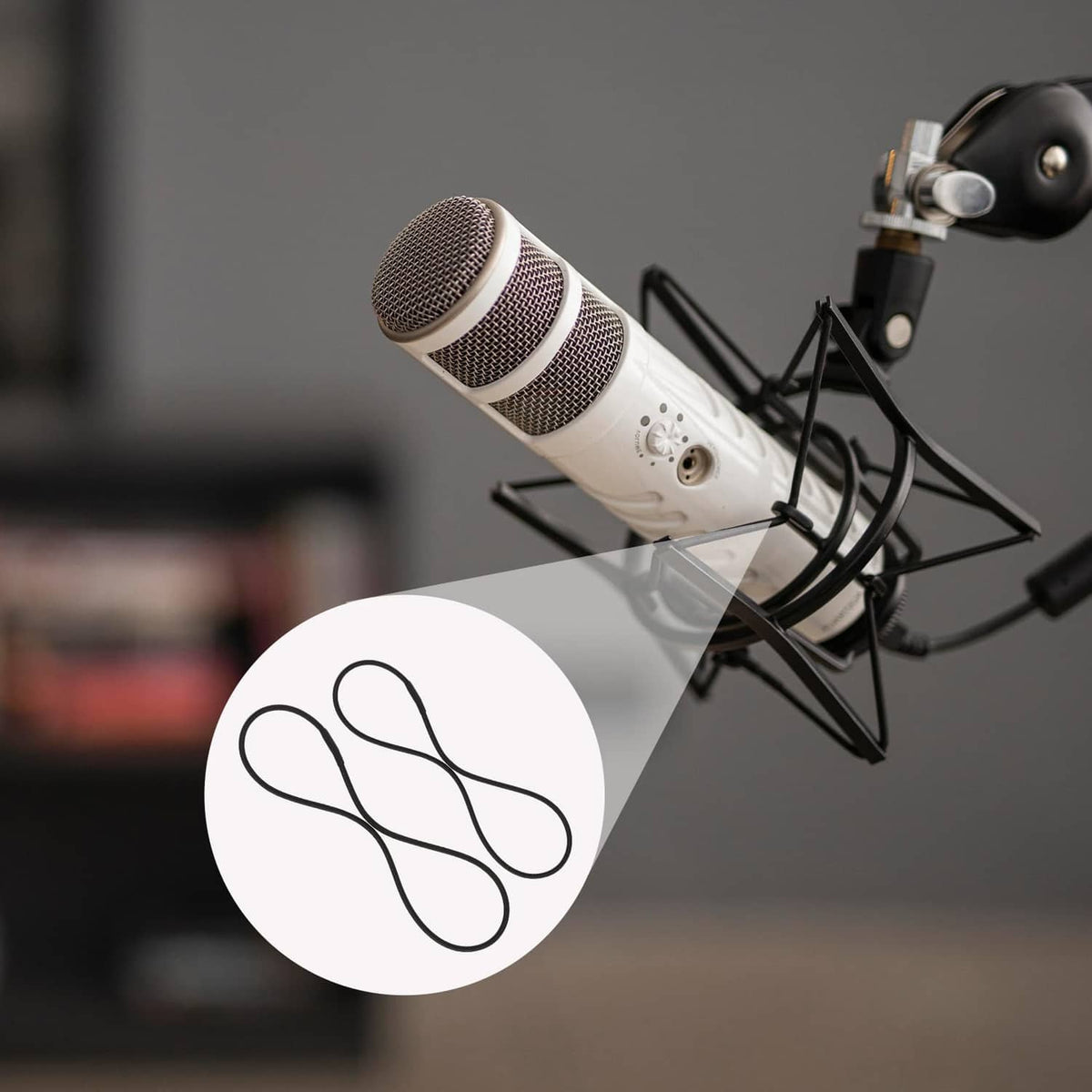Black microphone shock mount rubber rings shown by loop icon