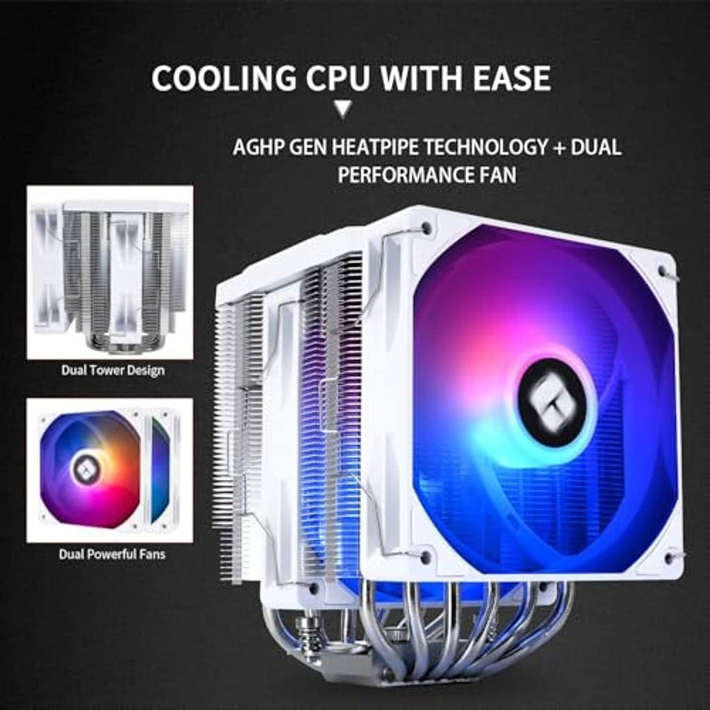 White dual-tower CPU cooler with large ARGB fan and stacked radiator fins