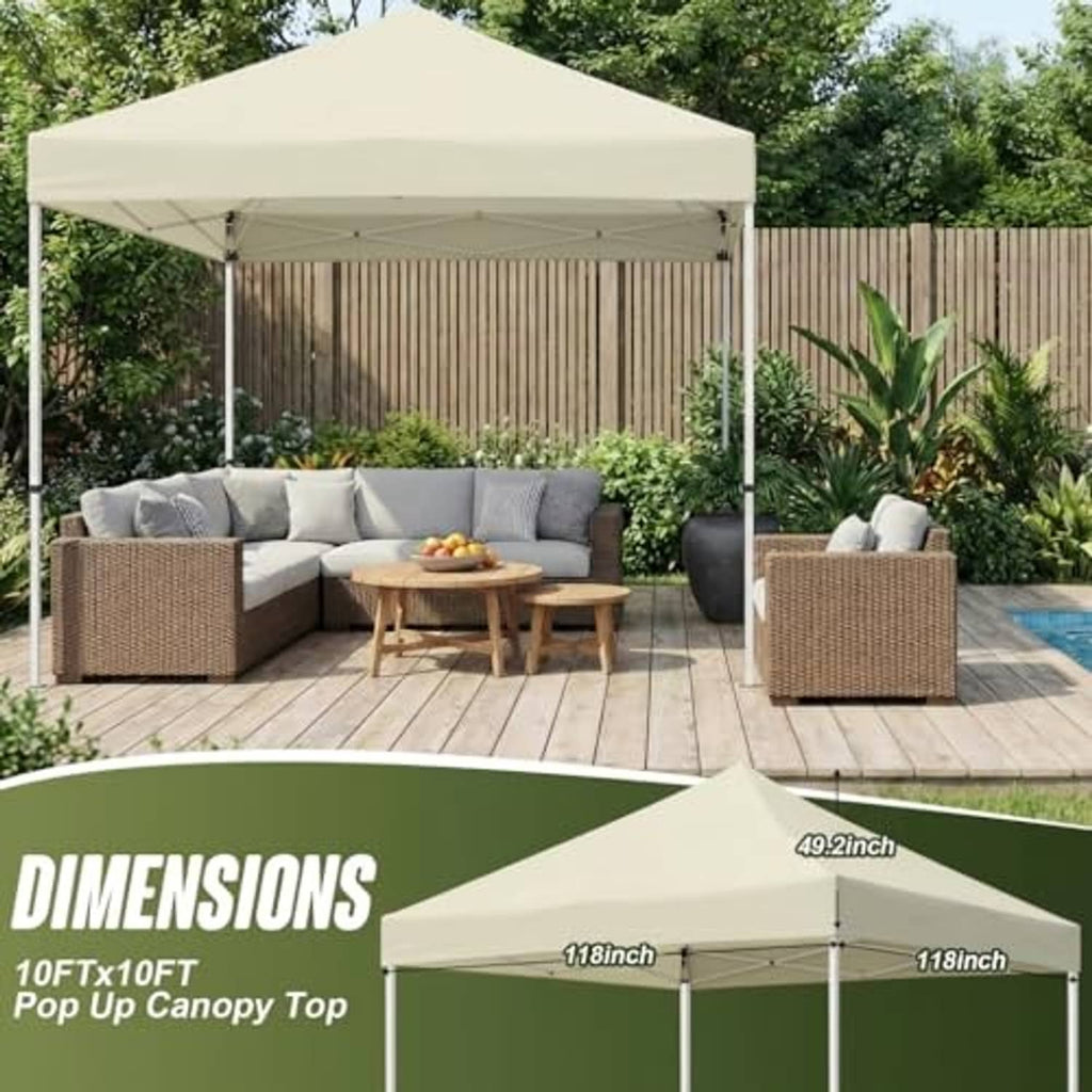 Beige canopy top over outdoor patio seating with four corner support poles