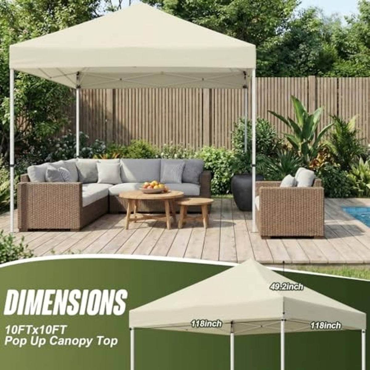 Beige canopy top over outdoor patio seating with four corner support poles