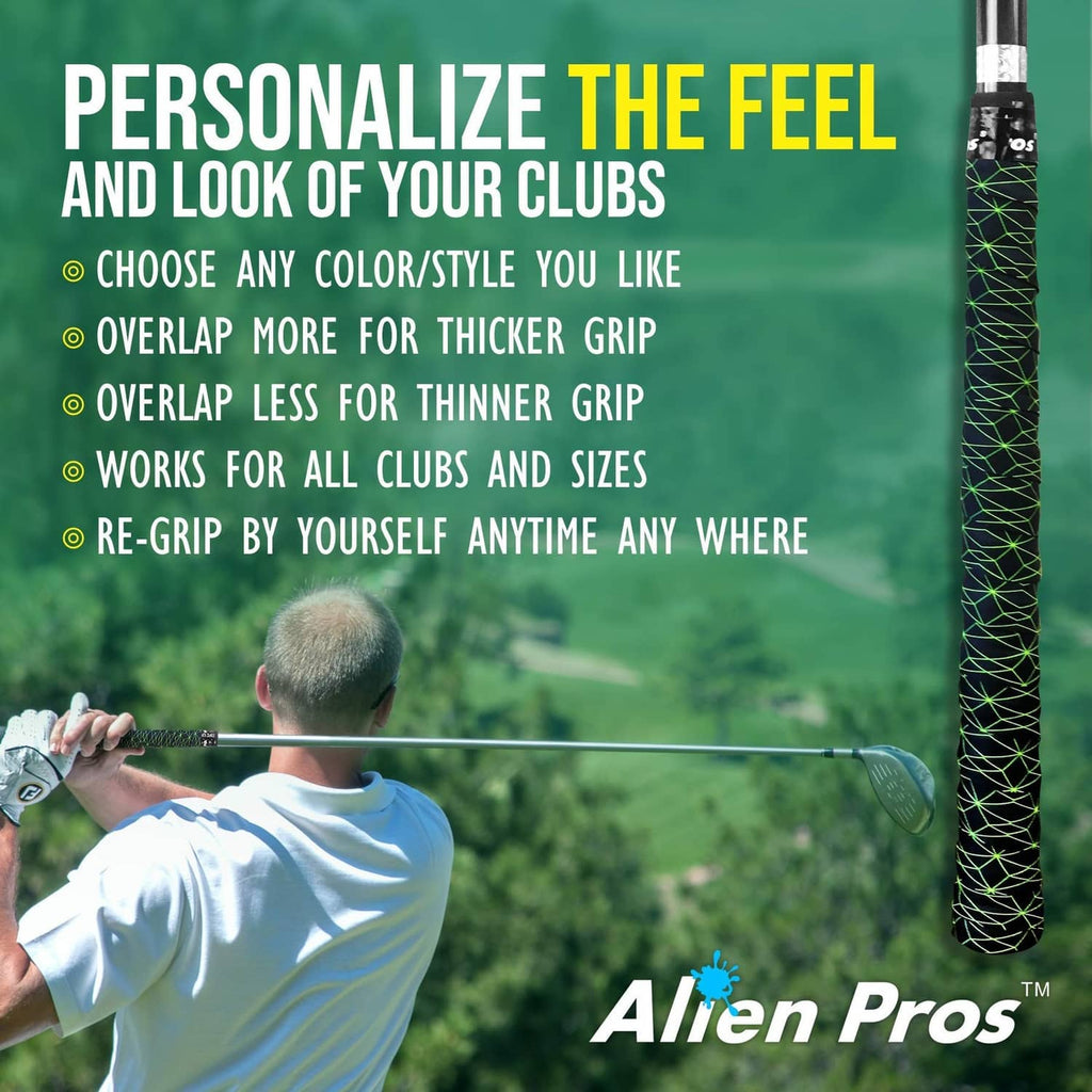 Golf grip wrap graphic showing neon green grid tape rolls for clubs